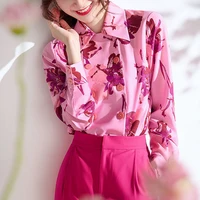 spring autumn retro print double breasted design loose thin flower shirt sweet shirt top women women shirts blouses