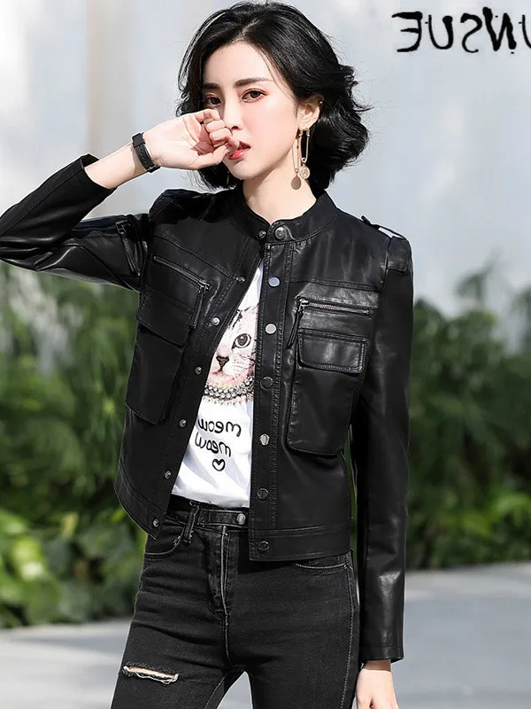 Faux Leather Black Jacket Women Leather Jacket Spring Autumn Korean Biker Leather Coat Short Abrigo Mujer Pph455