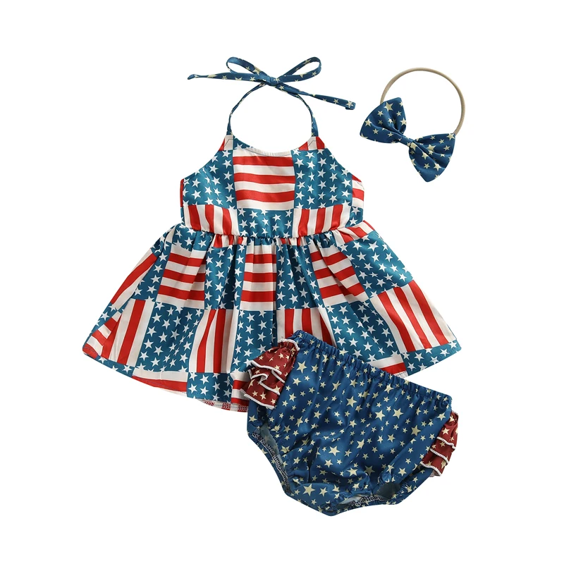 

Комплекты одежды на День независимости для маленьких девочек, топы с принтом звезд в полоску и галстуком-бабочкой и шорты с оборками