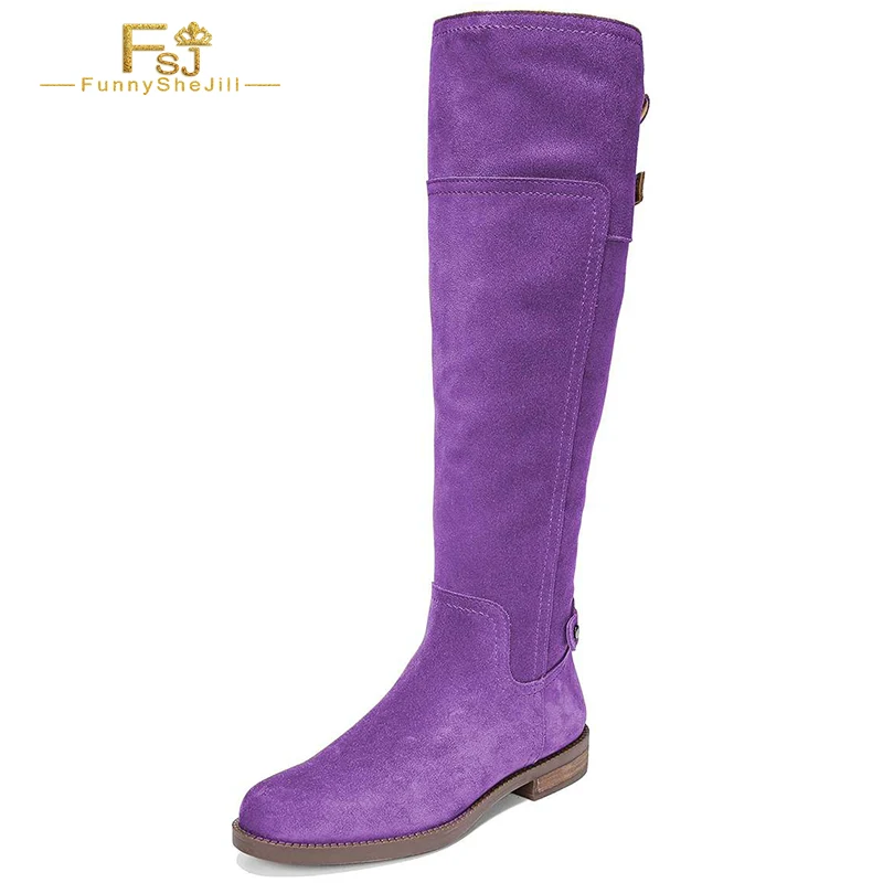 

Round Toe Block Heeled Over-The-Knee Boots Purple Suede Ladies Side Zip High Boots