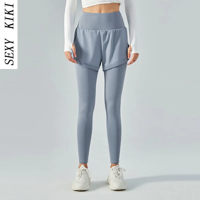 2022 new women's fake two-piece yoga pants women's high waist hip lifting sports fitness pants seamless naked pants