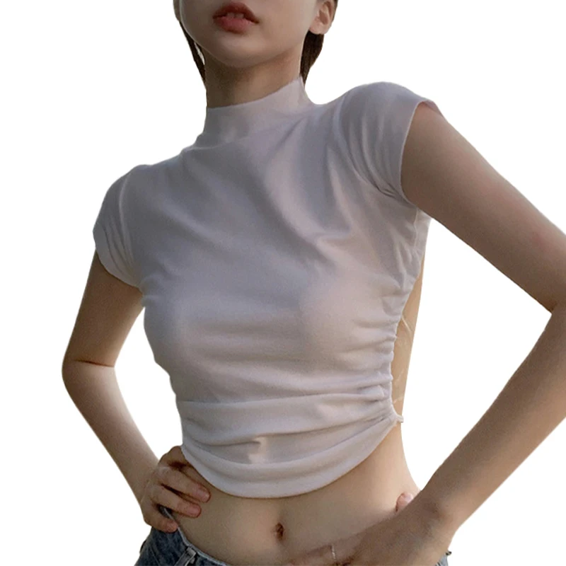 

Женская футболка с высоким воротником, с рюшами и завязками