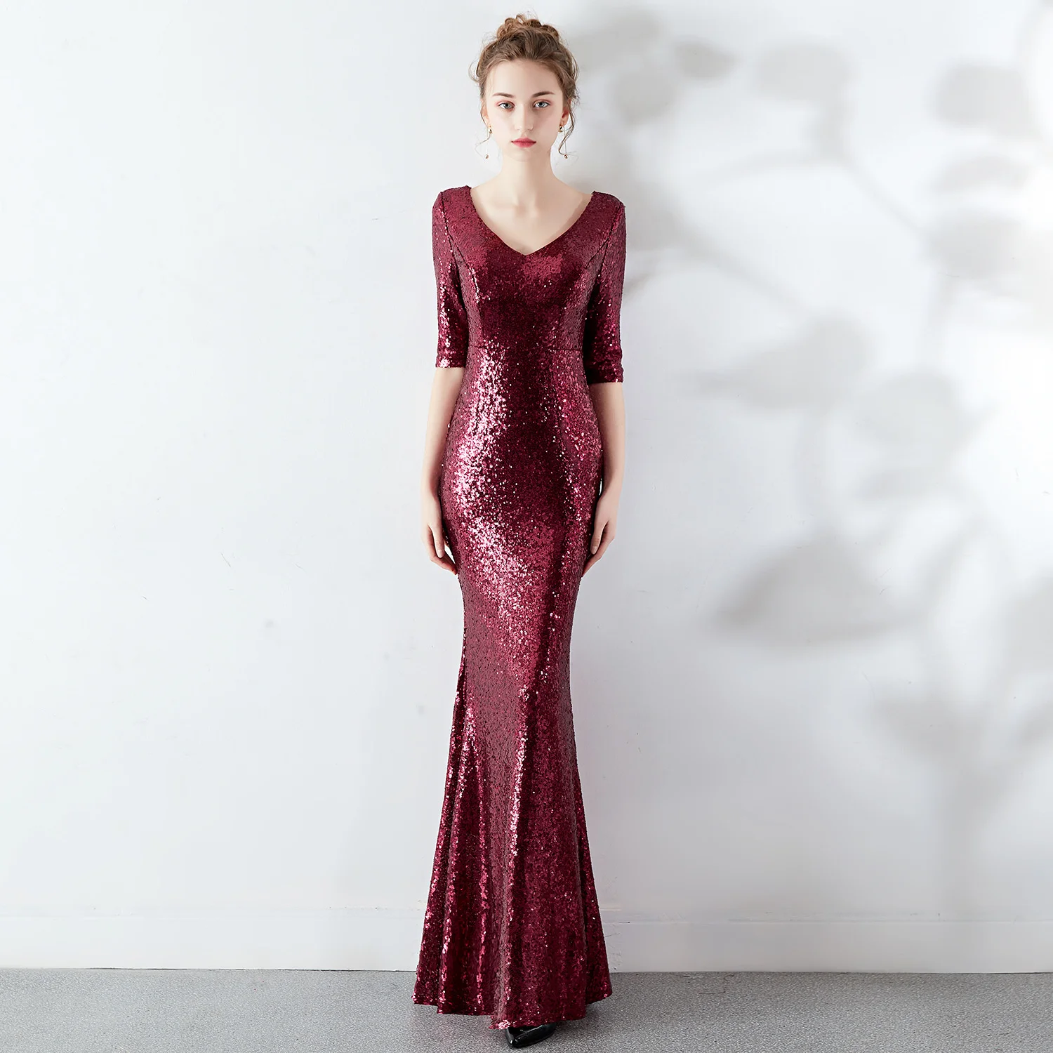 

16059# solid color bead embroidered long slim elegant dress kalinnu long evening gown