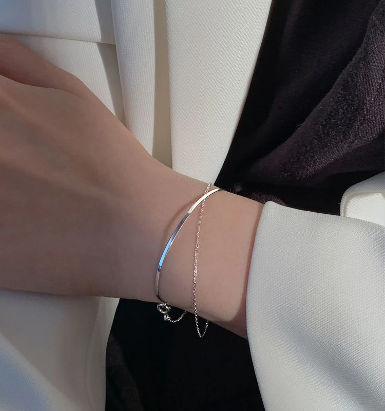 S925 Pure Silver Geometric Double-Layer Cross Bracelet Hand Jewelry Gradually Korean Sle Cold Women's Simple a...