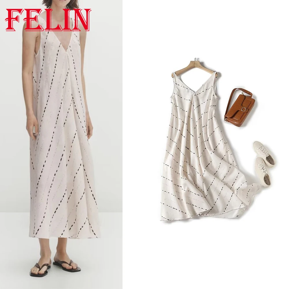 Платье Летнее Длинное свободное с V-образным вырезом и принтом