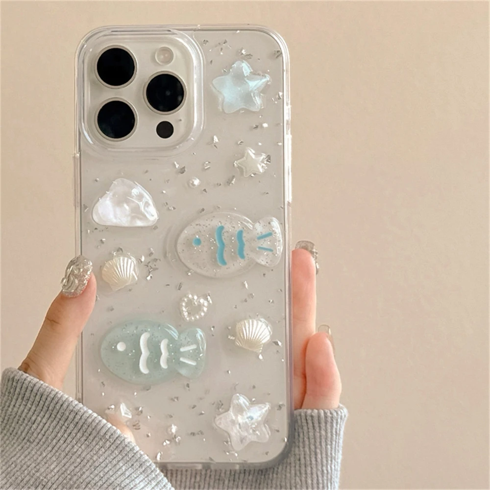 Корейский чехол для телефона с 3D рыбьей оболочкой и звездой iphone 16 14 15 13 12 Pro Max Plus 11