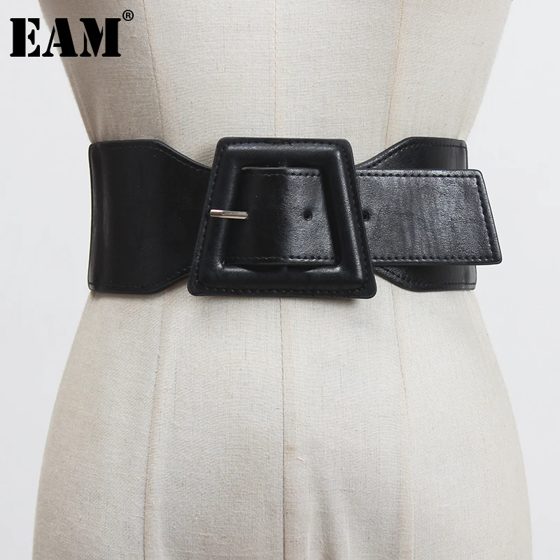 

[EAM] Pu Leather Black Irregular Buckle Long Wide Belt Personality Women New Fashion Tide All-match Spring Autumn 2022 1DF2096