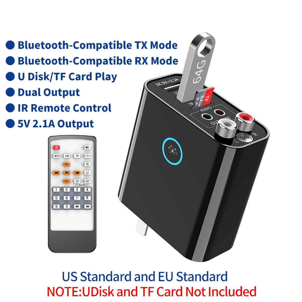 

Bluetooth 5.0 Adapter 3.5mm Wireless Audio Receiver Transmitter TF/U Disk Play Quick USB Charge For Headphone TV IR APP Control
