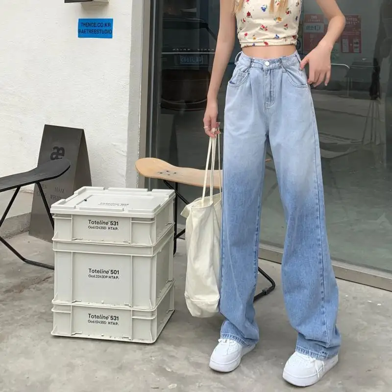 

2022 Women's Spring Summer New High Waist Casual Denim Pants Female Gradient Straight Jeans Ladies Loose Wide Leg Pants B86