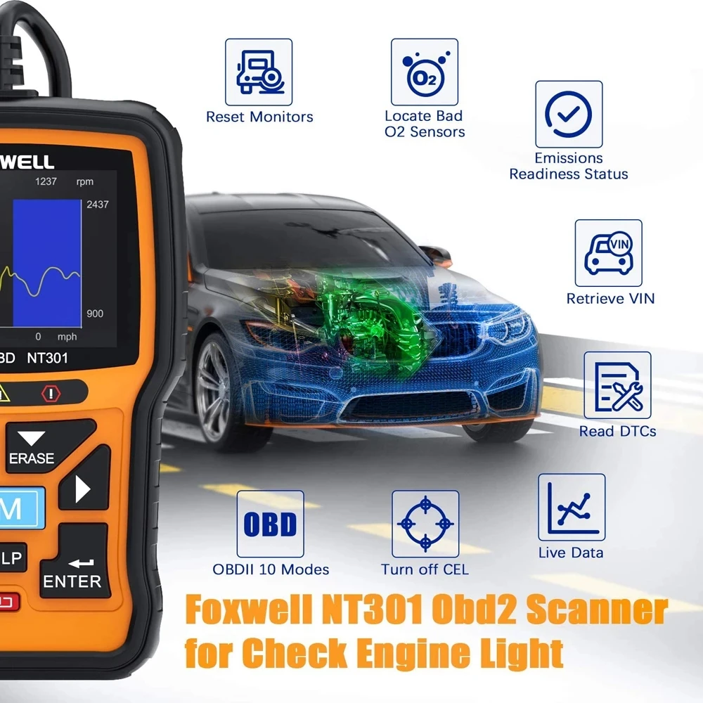 Сканер FOXWELL NT301 OBD2 диагностический прибор считыватель кодов двигателя