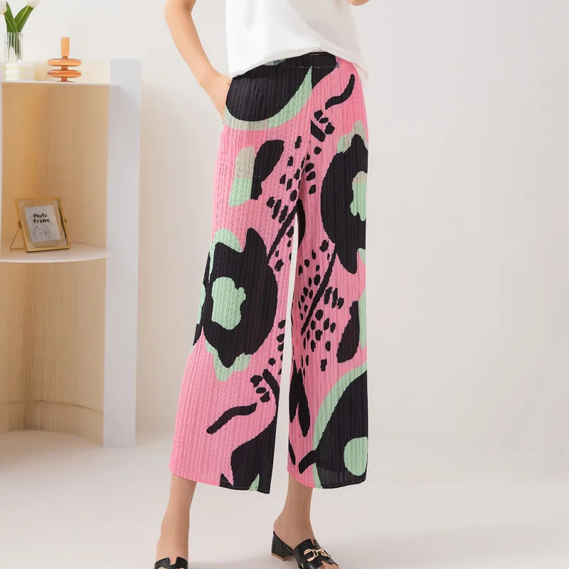

2022 Summer New Women's Printed Straight Pants Miyak folds Fashion Loose Large Size Casual Thin Ninth Wide Leg Pants