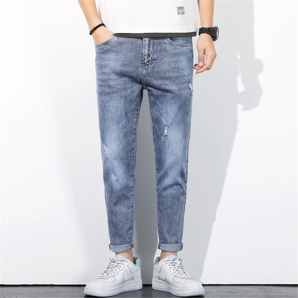 Spring Autumn Jeans Men Streetwear Denim Jogger Pants Men Hole Mid Waist Elastic Breathable Slim Jean Trousers
