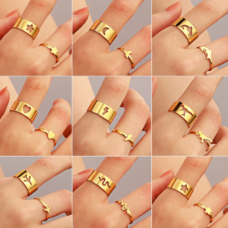 

Vintage 2PCS Adjustable Opening Couple Rings Set for Women Men Butterfly Dinosaur Lightning Airplane Ring 2021Trend Jewelry