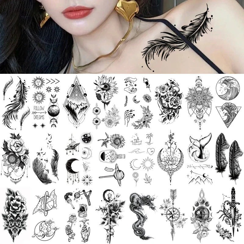 

Waterproof Temporary Tattoo Sticker Feather Clavicle Ankle Flash Tatto Dragon Snake Flowers Body Art Arm Fake Sleeve Tatoo Women