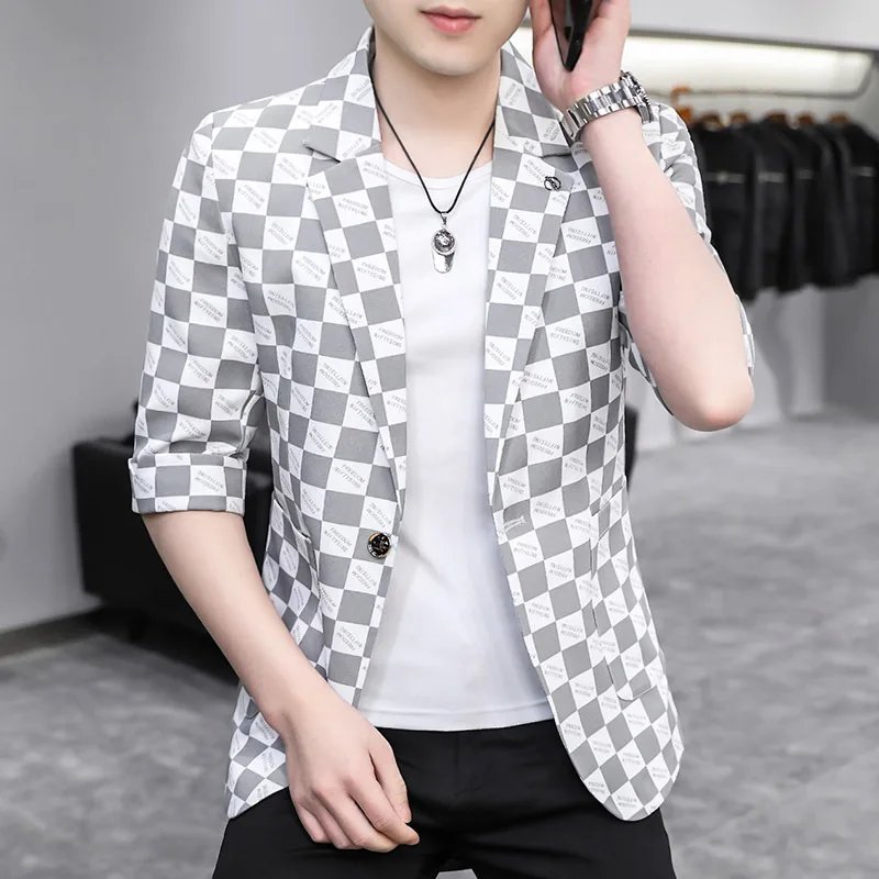 

COO 2022 Men's Slim Fit Handsome Casual Plaid blazer Youth Fashion Half Sleeve blazers
