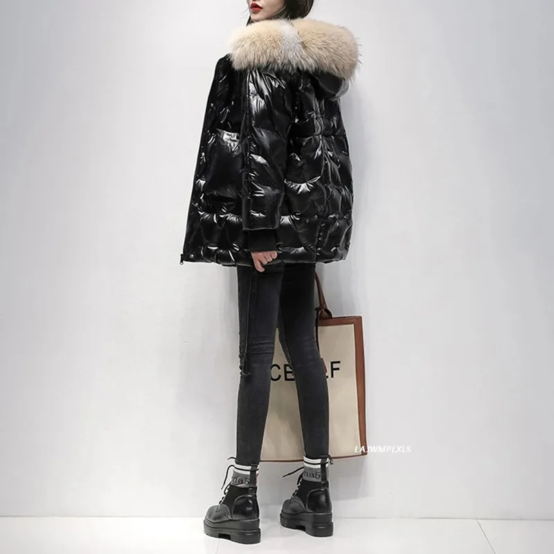 2023 Winter 90% White Duck Down Jacket Hooded Natural Fox Fur Collar Shiny Women's Down Jacket Warm Female Short Parka