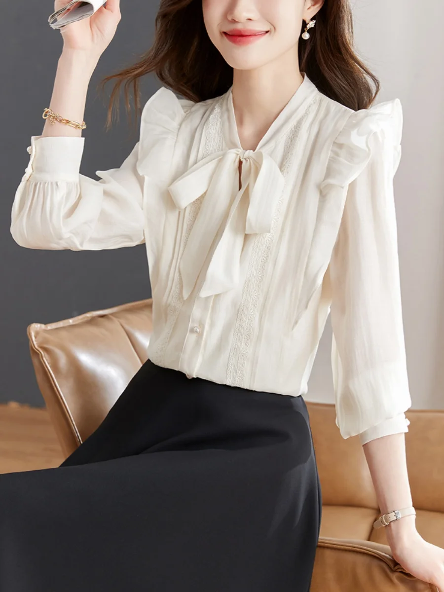 Шифоновые рубашки с французским бантом женские весенние 2024 новая рубашка в стиле