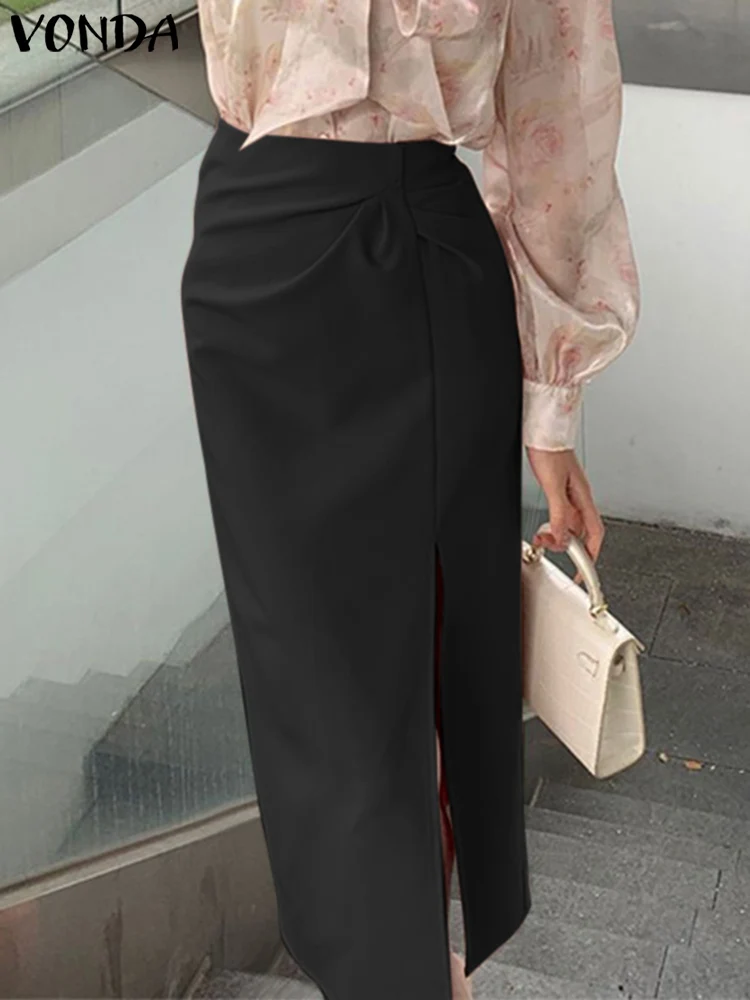 

2023 Summer Fashion Skirts VONDA Elegant Split Midi Skirt Women High Waist Pleated Casual Solid Color Loose Streetwear Bottoms