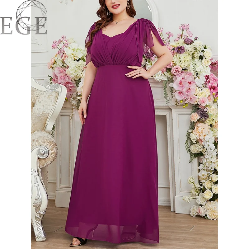 Plus Size Round Neck Chiffon Dress 5XL 6XL Loose Ruffles Purple Elegant Wedding MAXI Long Dress Plus Size Women's Dress