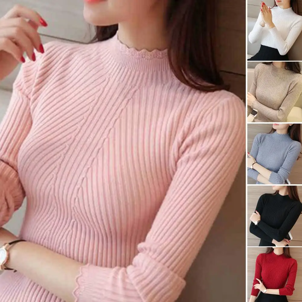 

Bottoming Sweater All Match Flower Brim Half High Collar Soft Elegant Coldproof Acrylic Long Sleeve Blouse Ladies Clothing