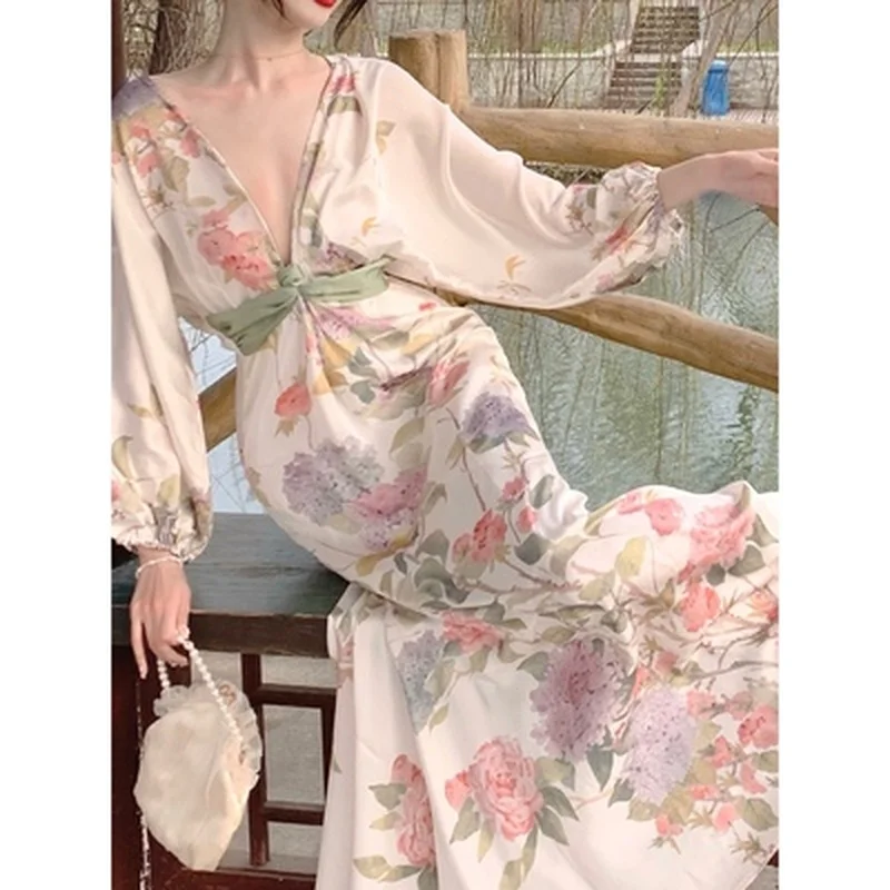 

2023 Elegant Women's Dress Japanese Style Satin Flower Printed V Neck Dress Women Clothing Vintage Puff Sleeve Summer Vestidos