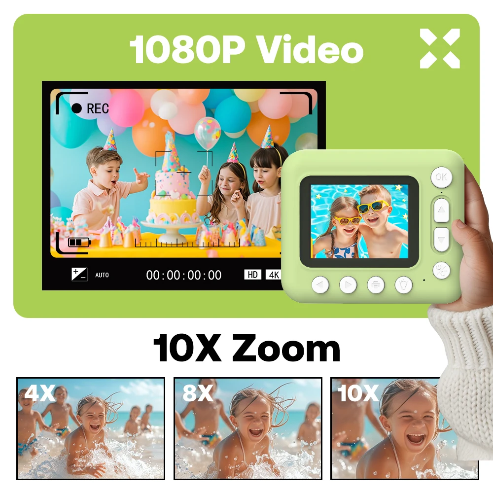 9IMOD Kids Camera Instant Print 2.4 inch 1080P Children Digital Photo Video Camcorder Toy with 10X Zoom TF Card