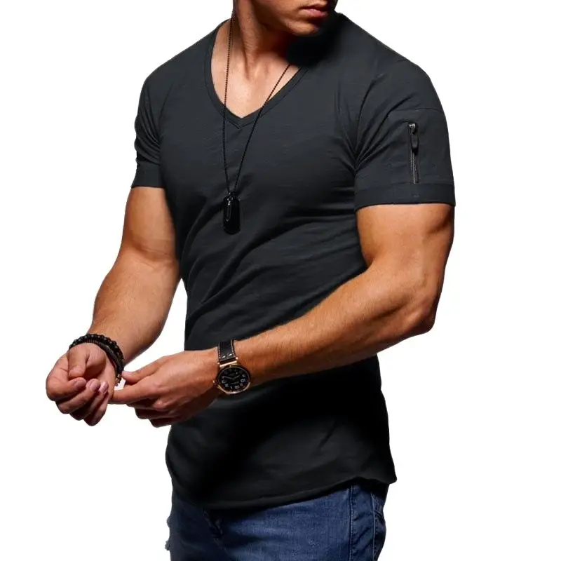 

05 V-hals T-shirt Fitness Bodybuilding Tshirt High Street Korte Mouwen Rits Casual Katoenen Top Plus size
