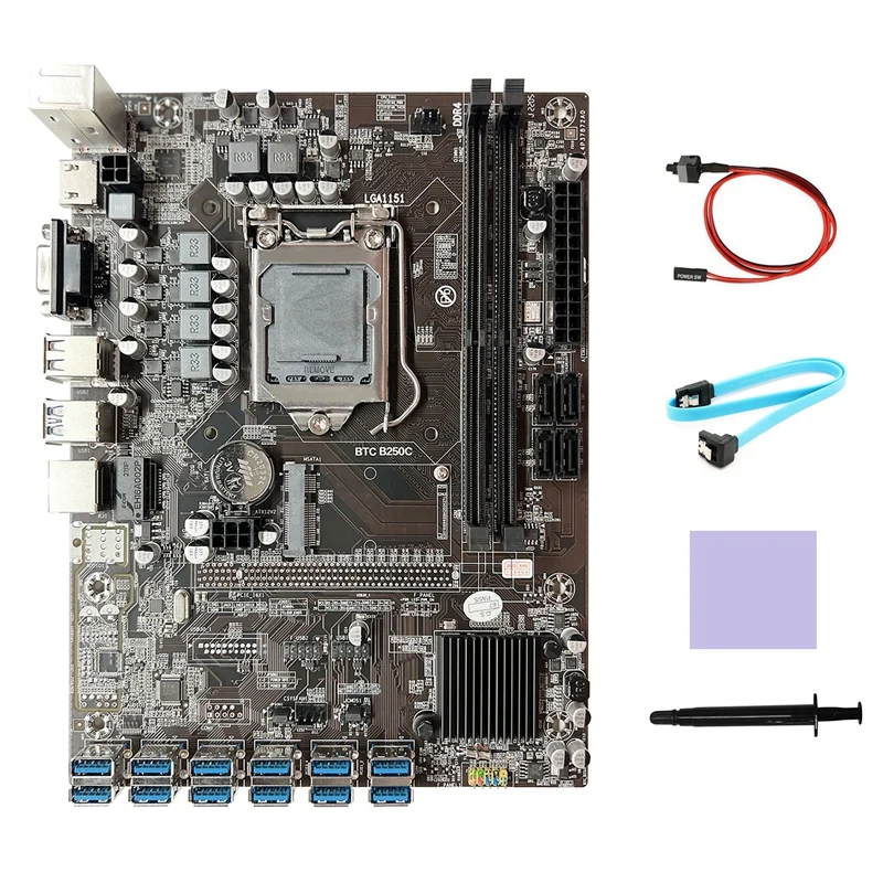 B250C BTC Mining Motherboard+SATA Cable+Switch Cable+Thermal Pad+Thermal Grease 12XPCIE To USB3.0 GPU Slot Motherboard