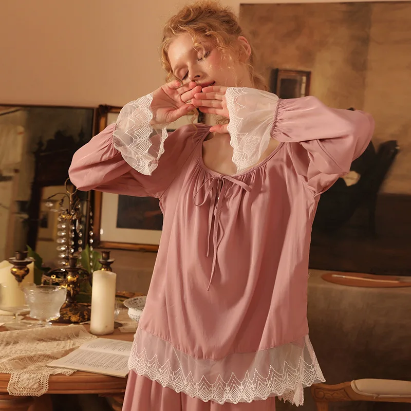 Women's French Spring Autumn Retro Lace Stitching Cotton Soft Comfortable Pajama Sets Sleepwear Pajamas Women's Sleep