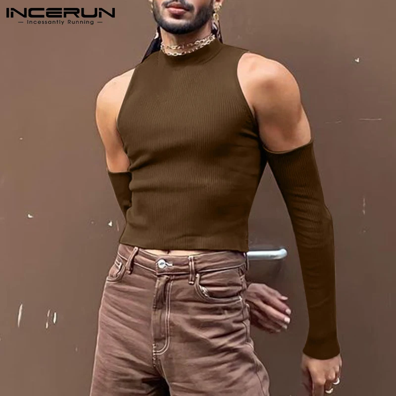 

INCERUN Handsome Well Fitting Men's Camiseta Stylish Male Well Fitting Strapless Hollow Out Long-sleeved T-shirt S-5XL Tops 2022