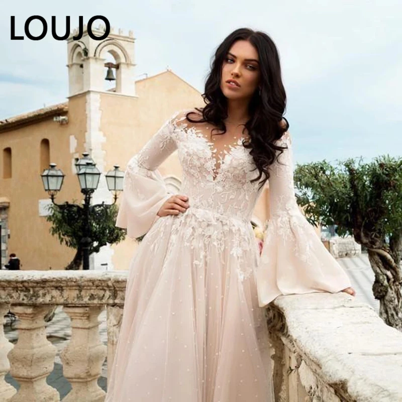 

LUOJO A-line Wedding Dress O-neck Long Sleeves Back Zipper Bohe Tulle Appliques Lace Vestido De Novia Bride Dresses Robe Mariee