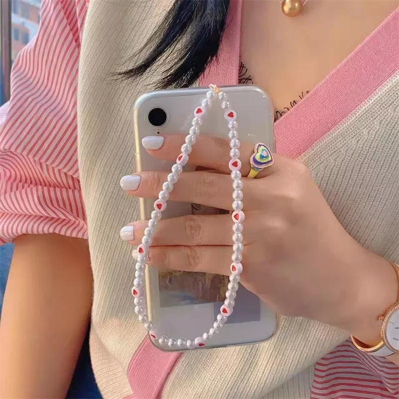 

New Ins Trendy Red Love Heart Pearl Chain Mobile Phone Chains Anti-lost Handmade Acrylic Charm Cord Lanyard for Women Girls