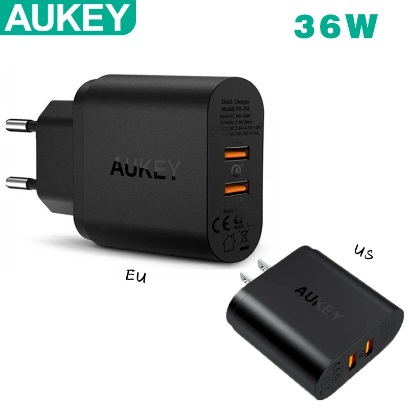 AUKEY PA-T16 Оригинальное 36 Вт 2-портовое выходное устройство QC3.0 быстрое Сетевое