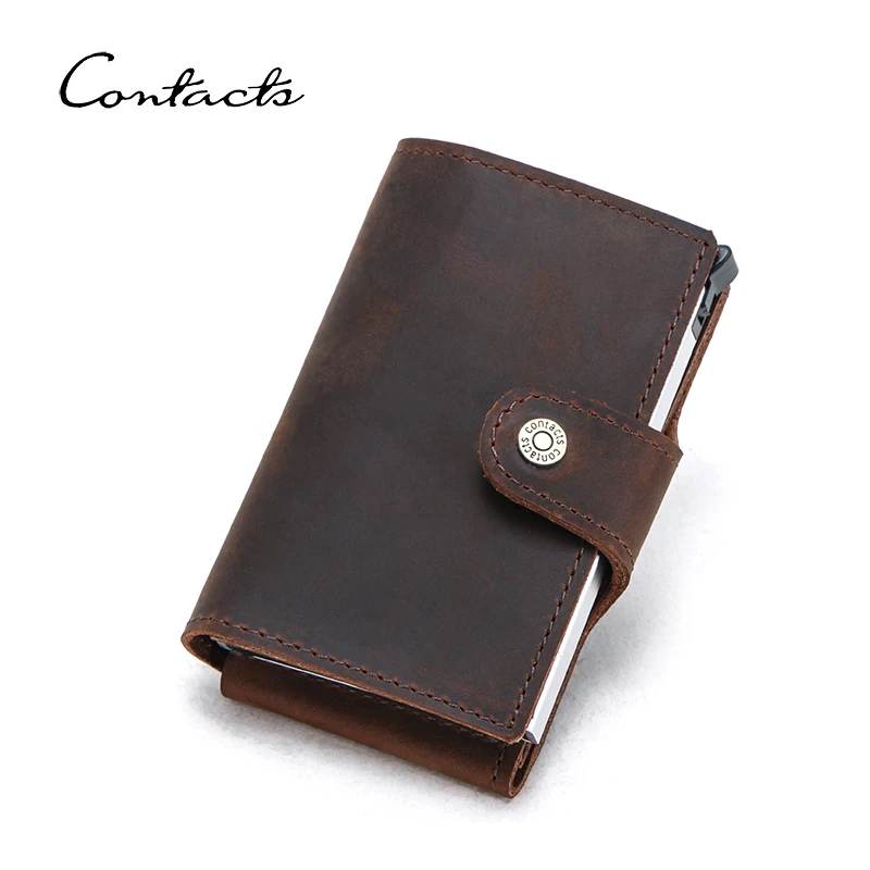 

CONTACT'S Crazy Horse Leather Men Credit Card Holder RFID Blocking Aluminium Box Male Automatic Pop Up Card Case Money Pocket