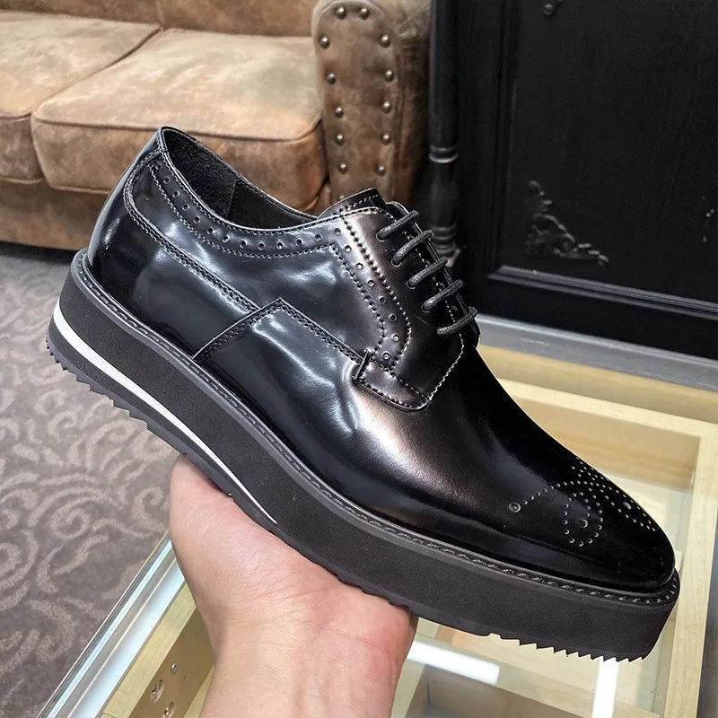 

Square Toe Patent Leather Brogue Shoes Men Business Casual Platform Dress Shoes Lace Up British Style Genuine Leather Shoes Male