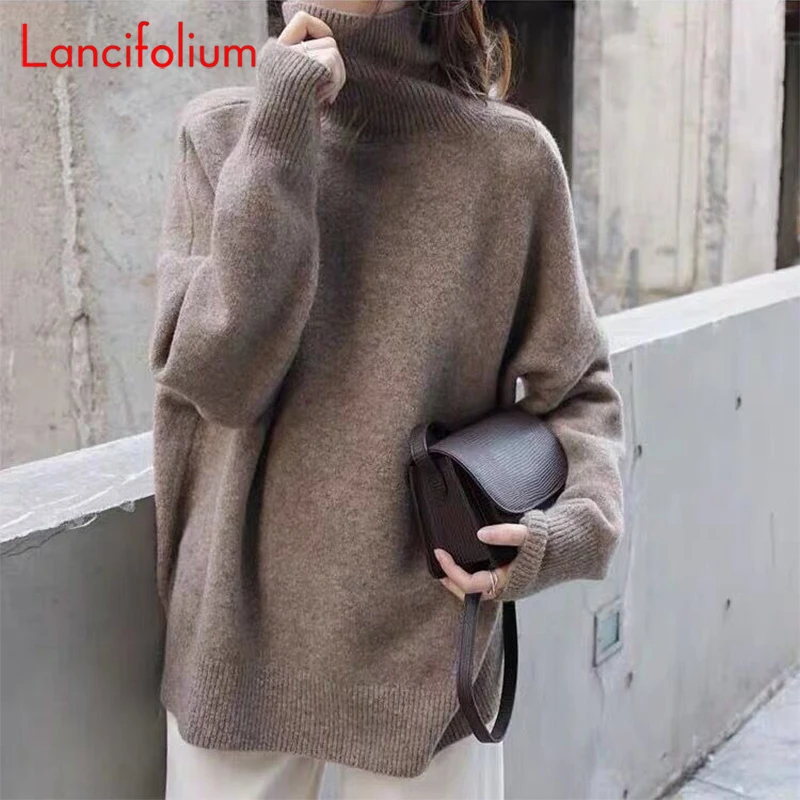 

Camel Brown Turtleneck Sweater Fall Winter Korean Vintage Long Sleeve Solid Casual Basic Baggy Knit Sweater Coat Top Women 2022