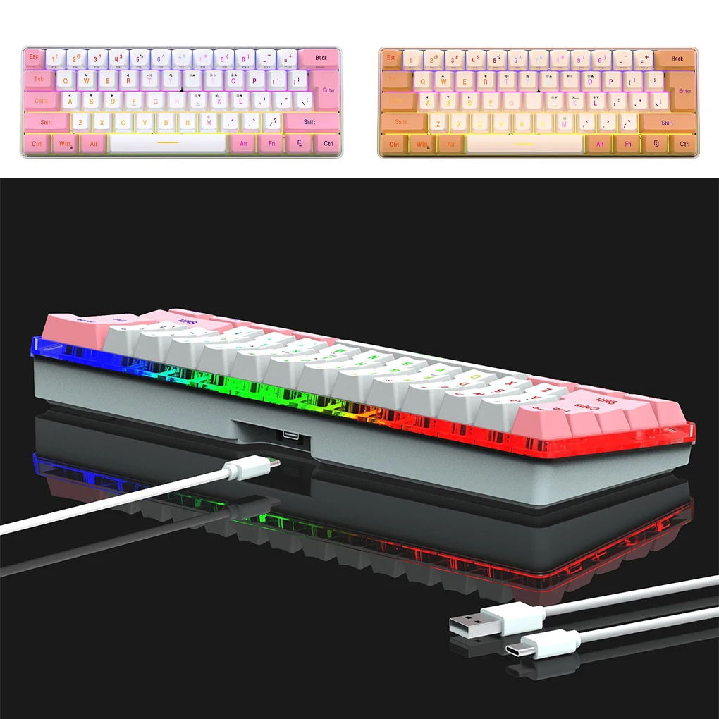 

RGB Wired Mechanical Keyboard 61 Keys Home Work Notebook Desktop Key Board Replacement Maintenance Spare Accessories Pink