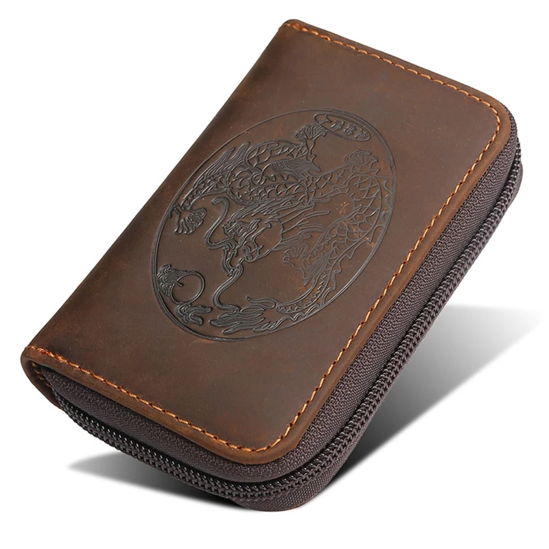 

Men Faux Leather Business Card Holder Bag Small Zipper Case Dragon Wallet Purse