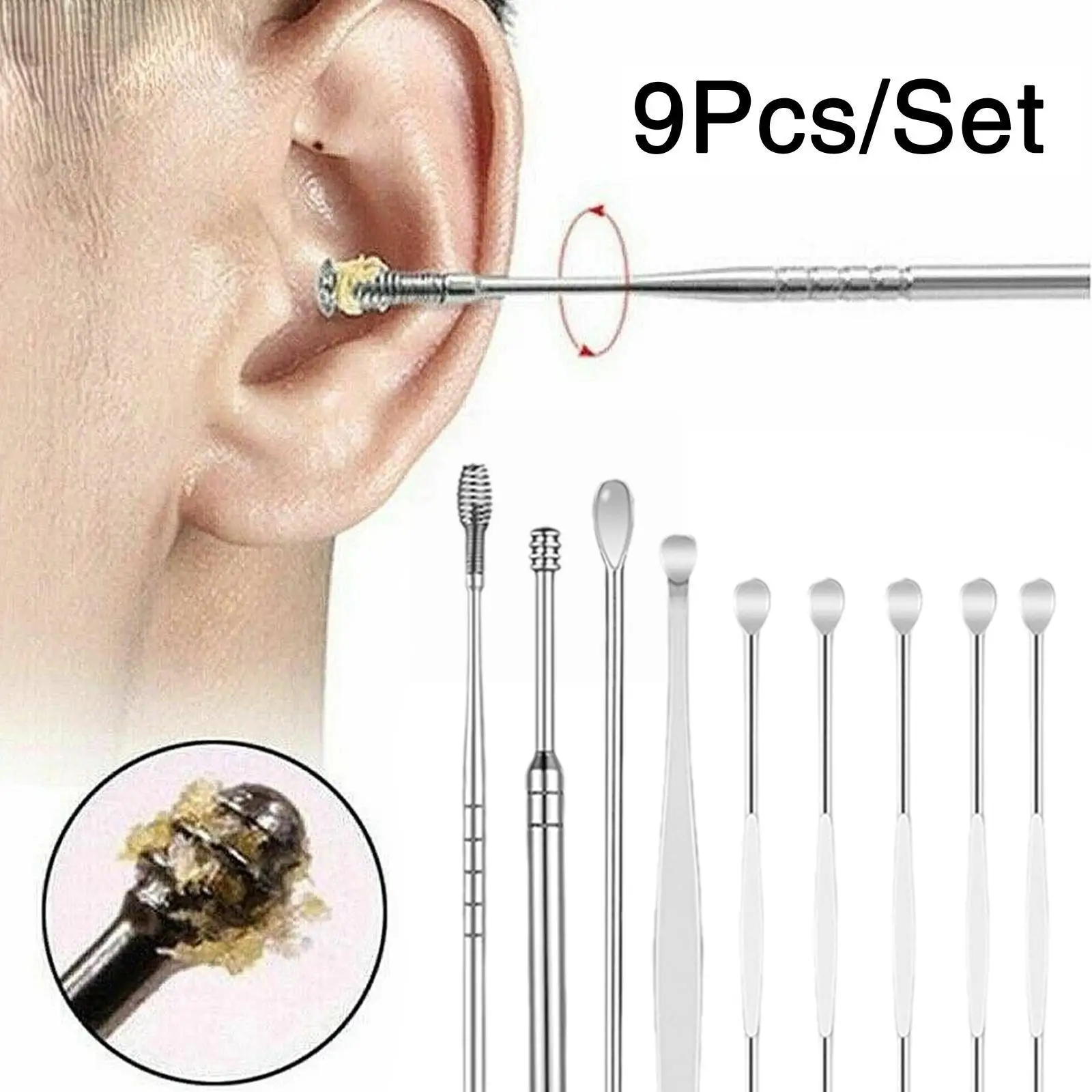 

Набор из 9 стальных ложек для чистки ушей, портативный набор инструментов для чистки ушей, инструмент для чистки ушной пружины U7P9