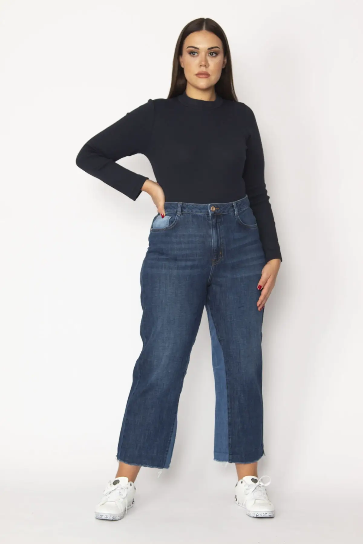 

Women's Jean Navy Blue Wash Effect Full Length Straight Pant Streetwear Female Buttons Zipper Ladies