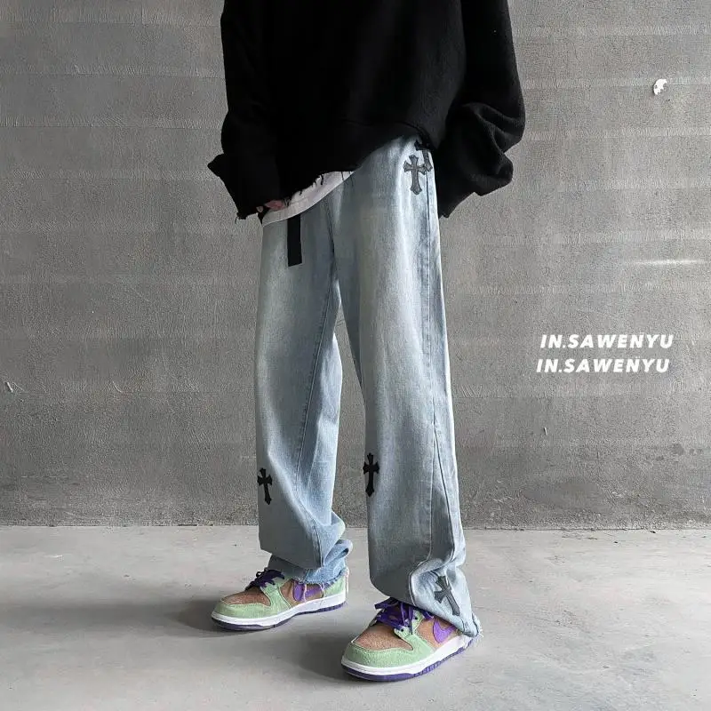 Four Seasons Y2K Men Jeans European and American High Street Cross Embroidery Hip Hop Straight Loose Wide Leg Pants Ins Hot Sale