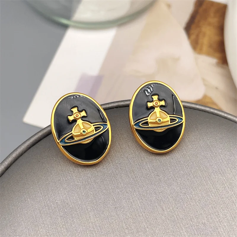 

European And American Retro Oval Black Enamel Glaze Inlaid Zircon Stud Earrings For Women Simple Fashion Earrings Jewelry