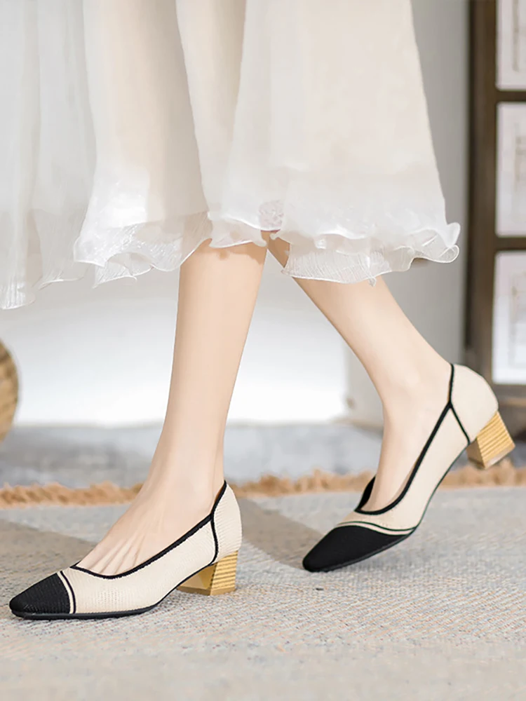 

Spring and Autumn New Fashion Casual Pointed Thick Heels Women's Single Shoes Woven Mesh Surface Shallow Mouth High Heels Shoes