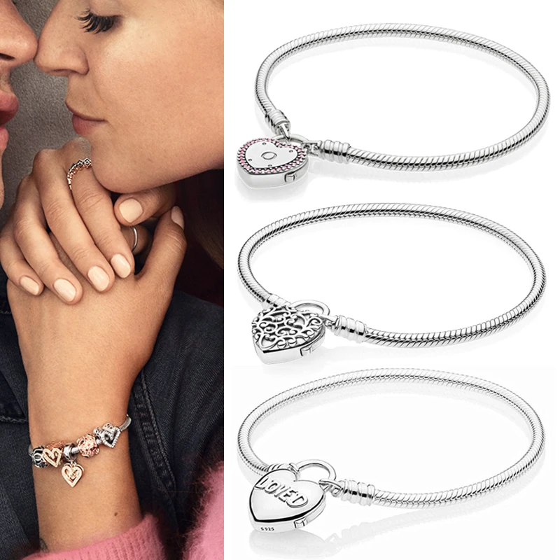 

100% 925 брелок Silver Pan Bracelet Shiny Heart-shaped Chain Pan Bracelet Fit European Charm Bracelets Women Jewelry