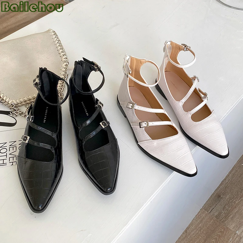 

Female Shoes Fashion Ladies Pointed Toe Sandals 2022 Summer New Black White Casual Outside Gladiator Women Flats
