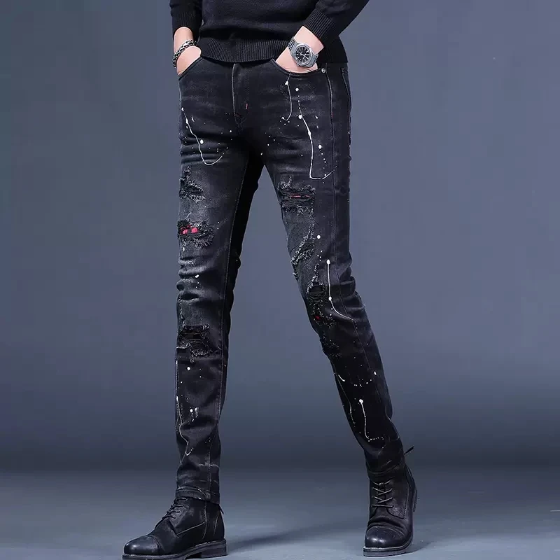 Autumn Ripped Patches Black Jeans Men Slim Fit Straight Pants Streetwear Fashion Dots Printed Stretch Denim Trousers CP2010
