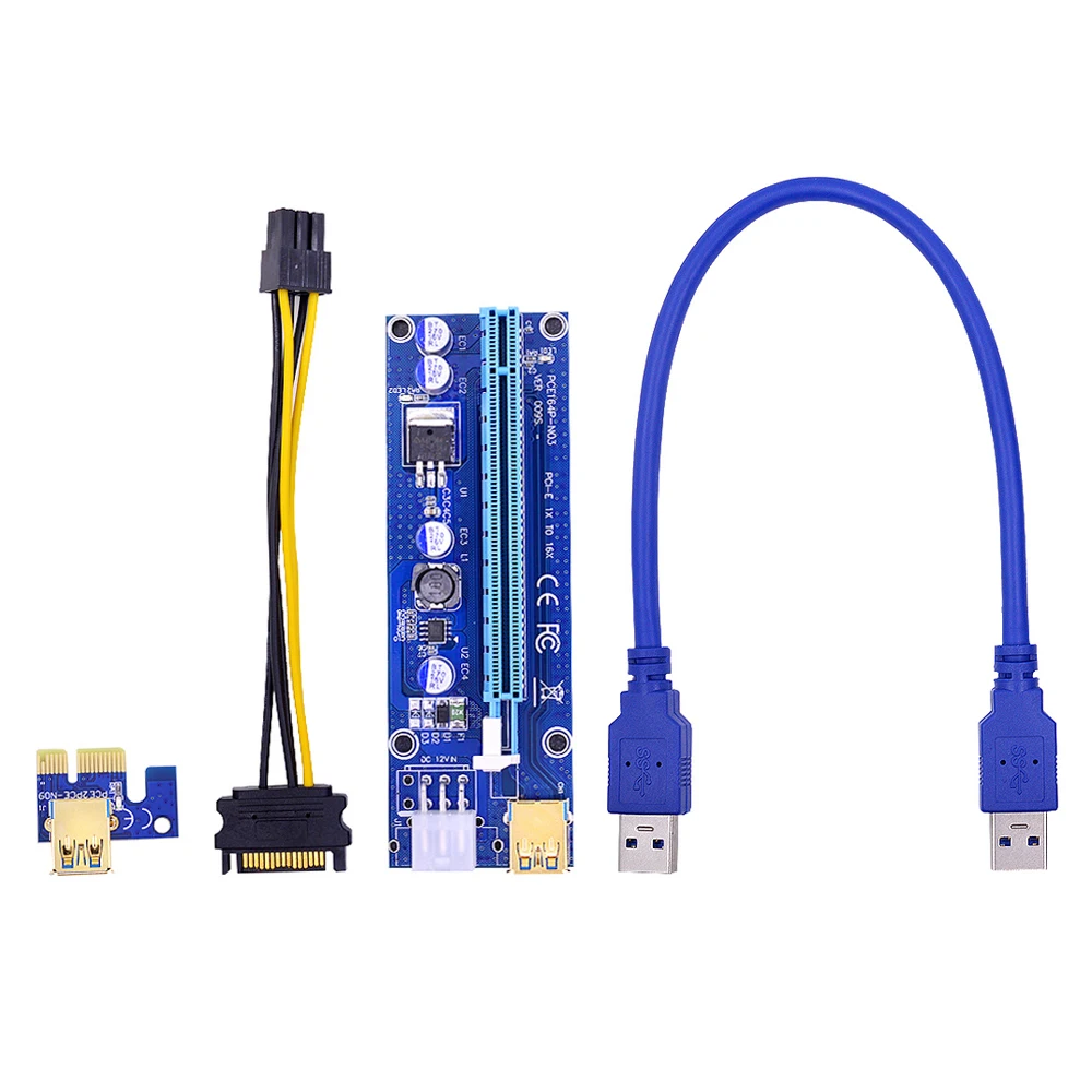 

10-30 шт. синяя Райзер-карта 009S PCI-E VER009 PCIE 1X до 16X удлинитель 6-контактный разъем питания 0,6 м USB 3,0 кабель для адаптера видеокарты