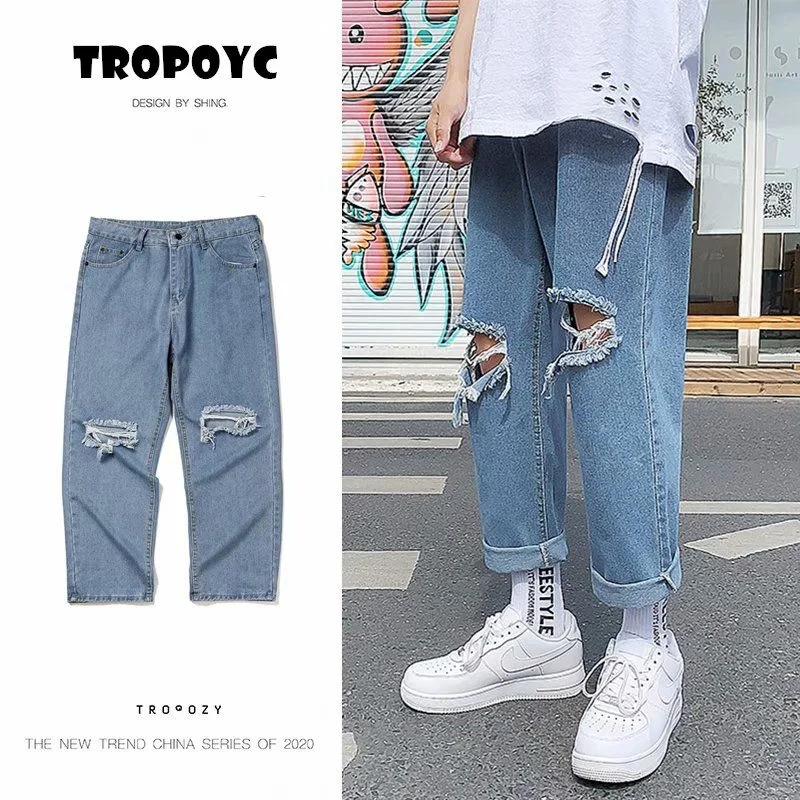 Summer Blue/Black Ripped Jeans Men Fashion Casual Straight Jeans Men Streetwear Loose Hip Hop Hole Denim Pants Mens Trousers