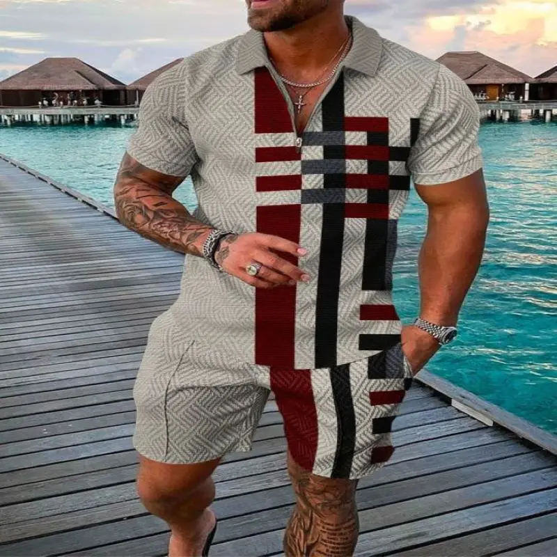 

New Polo Shirt Set Men 3D Print Summer Sport Jogging Zipper Short Sleeve Polo Shirt Casual Sportswear Two-Piece Set Men Clothin