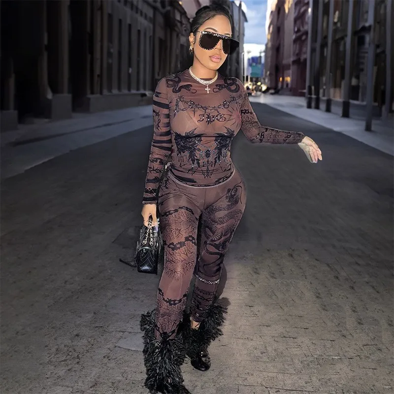 

Sexy Dressses For Women 2023 Beach Dress Cover Up New Tight Mesh Print Long Sleeve Top Trousers Suit Spandex Swimsuit Fashion